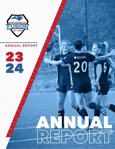 Annual report cover with blue soccer team celebration and red-and-white diagonal design, 23–24