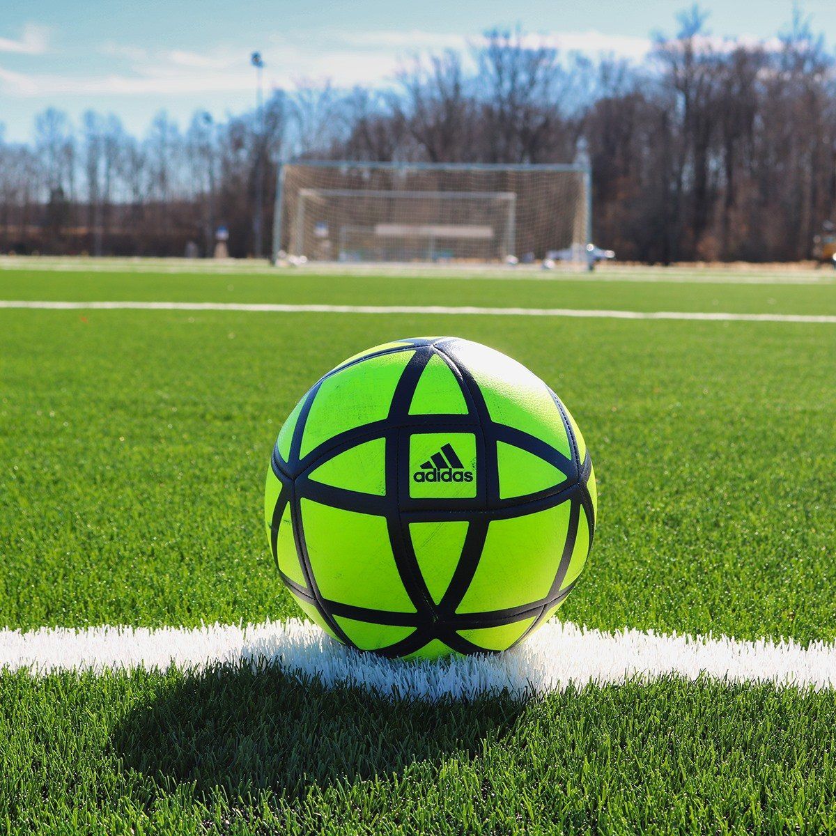 Green soccer ball on a field near the goal, with white sideline and trees in the background.
