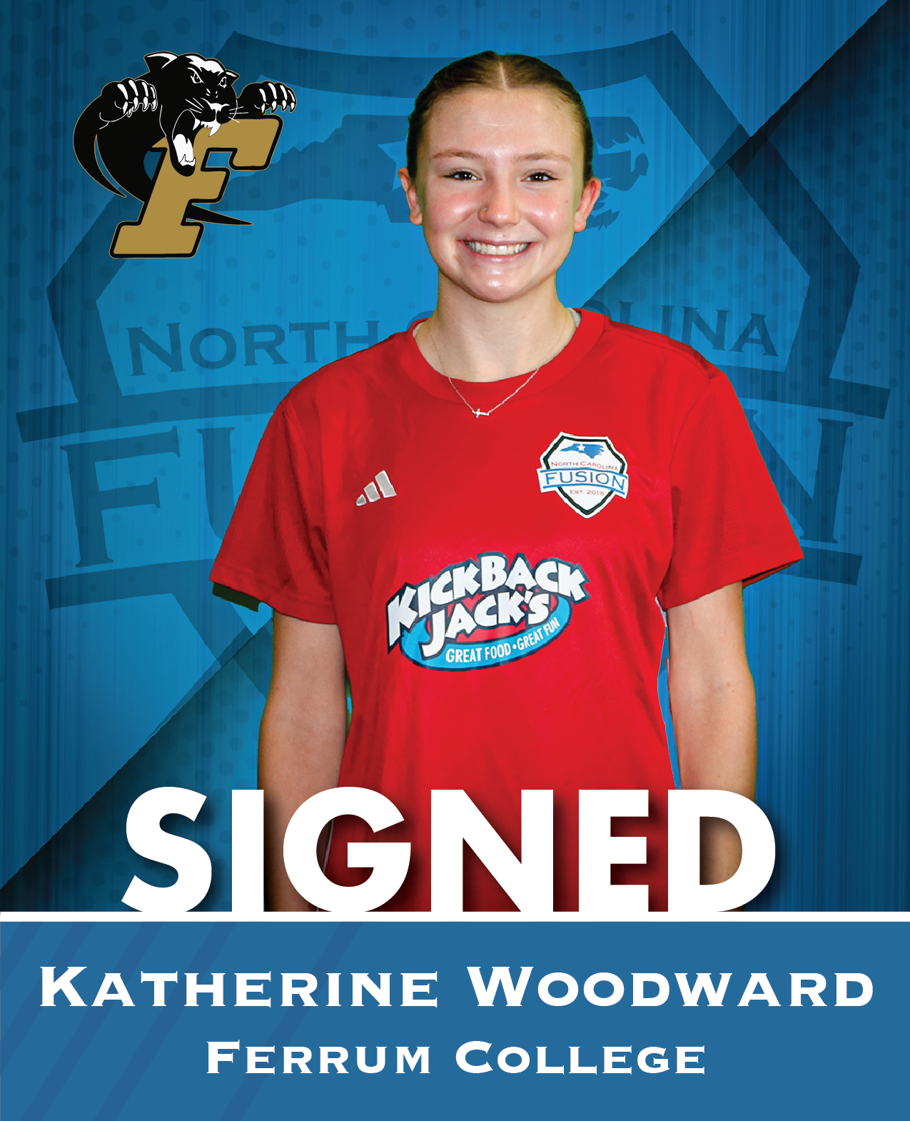 Signed portrait of Katherine Woodward in a red Ferrum College shirt, on a blue North Carolina backdrop