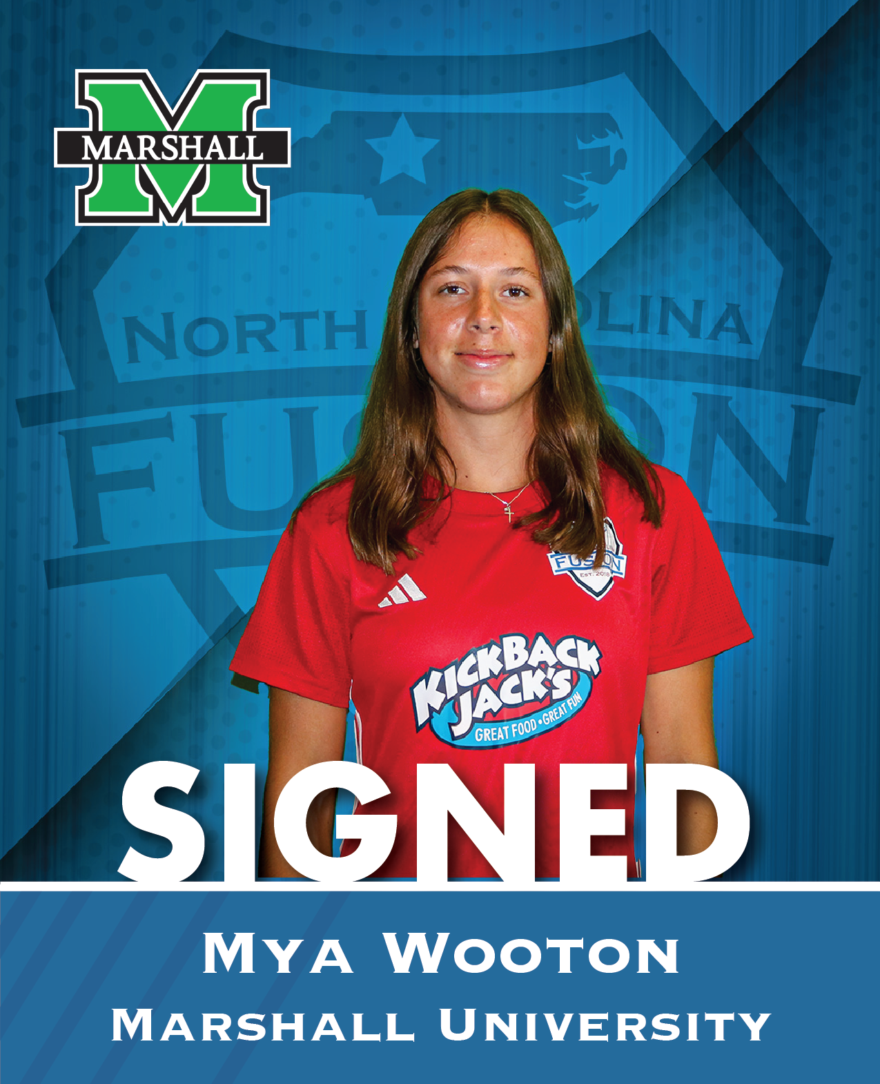 Mya Wooton signing with Marshall University, shown in a red shirt with “SIGNED” banner.