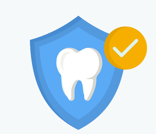 Blue shield with a white tooth and yellow checkmark icon