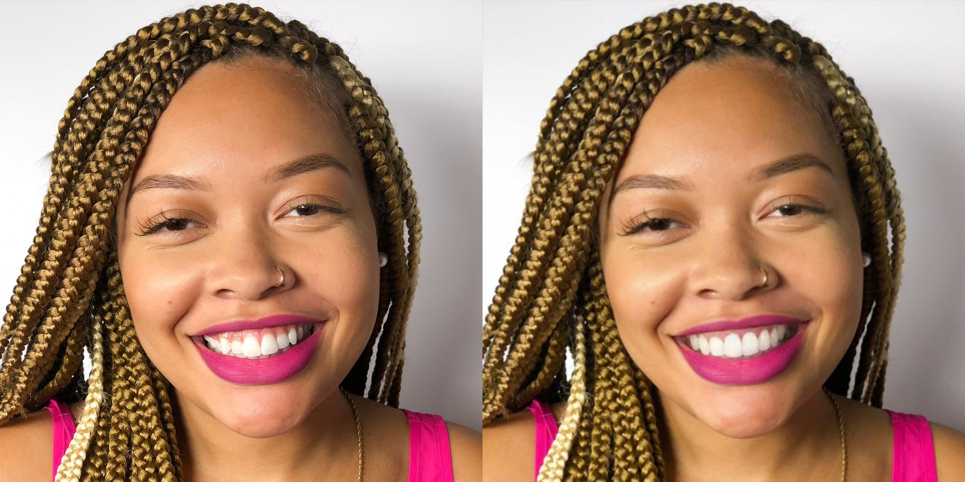 Side-by-side smiling portrait of a woman with braided hair, pink lipstick, and a pink background