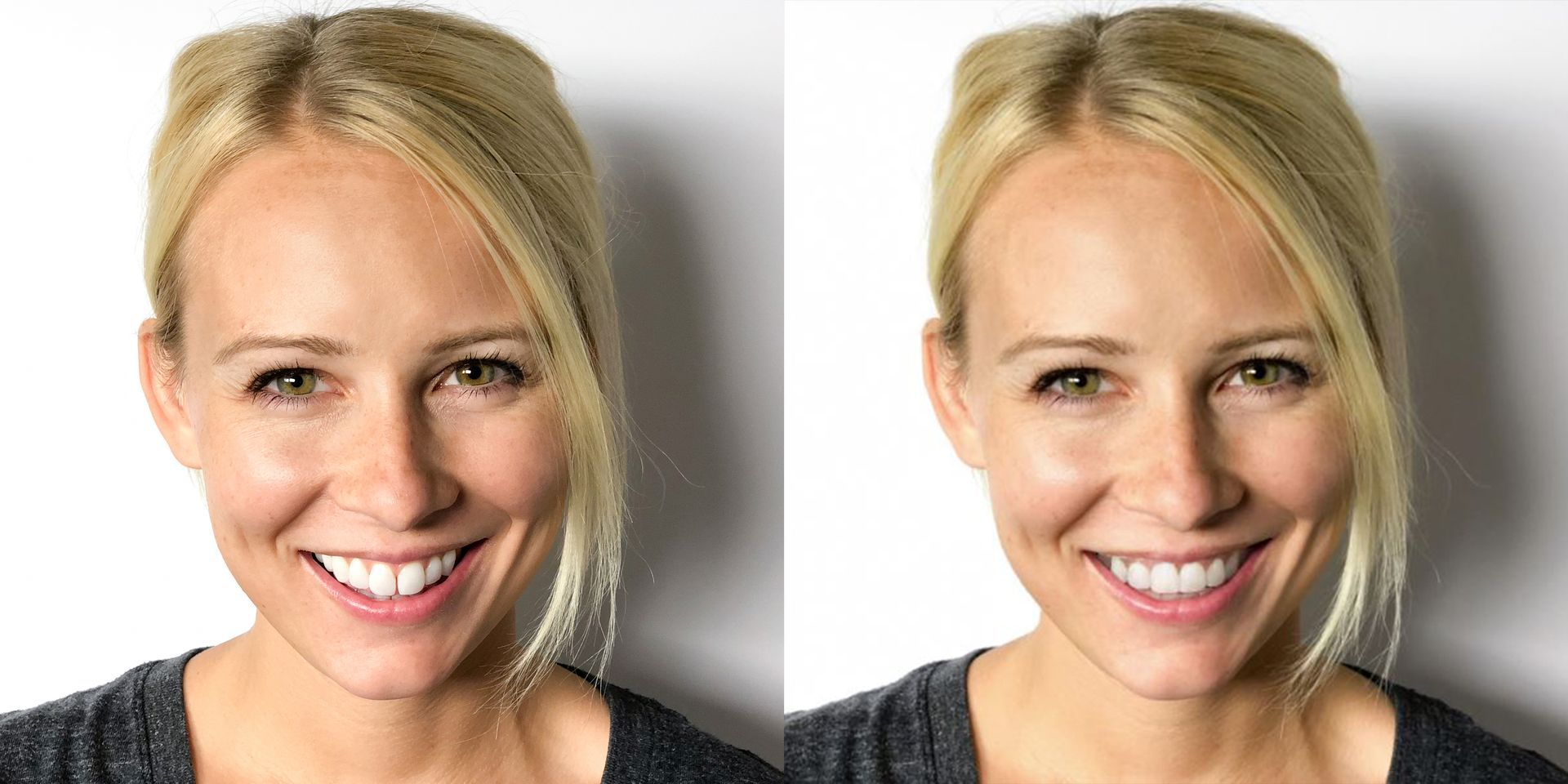 Two identical smiling blonde woman portraits side by side on a white background