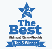 Blue “The Best” award logo with Richmond Times-Dispatch and “Top 5 Winner” banner under a star.