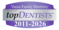 Vacca Family Dentistry Selected Top Dentists award badge, purple and gray, 2011-2025
