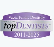Vacca Family Dentistry Selected Top Dentists award badge, purple and gray, 2011-2025