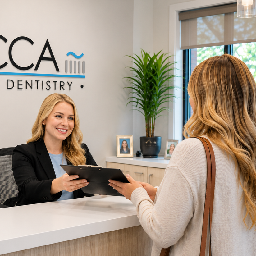 Vacca Family Dentistry reception desk with staff member greeting a visitor in a bright office
