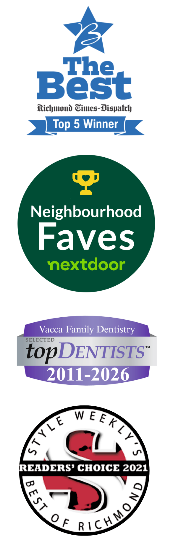 Award badges for “The Best,” “Neighborhood Faves,” and “Top Dentists,” stacked vertically.