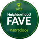 Green circular 2024 Neighborhood FAVE Nextdoor award badge with trophy icon