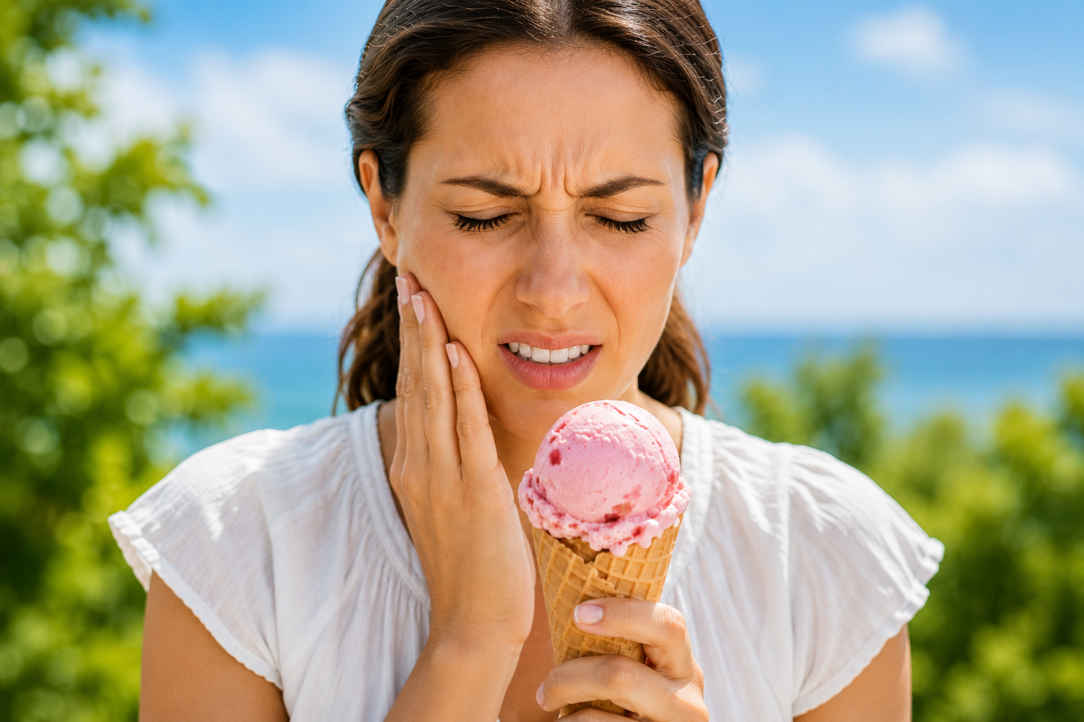 Woman outdoors grimacing and holding her cheek while looking at a pink ice cream cone