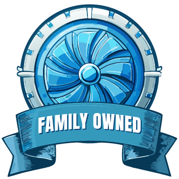 Blue circular emblem with ribbon reading “FAMILY OWNED”