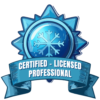 Blue badge with snowflake and ribbon reading “Certified - Licensed Professional”