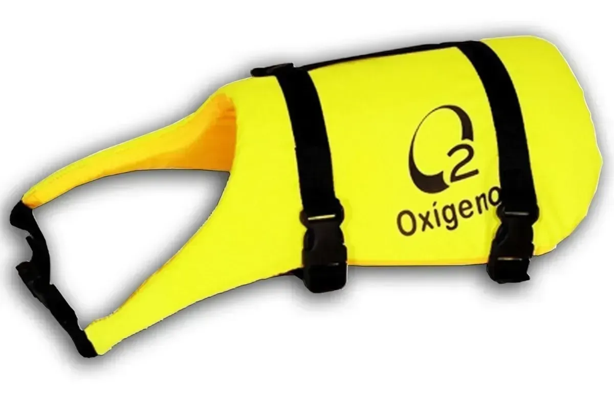 Chaleco de flotación amarillo con oxígeno O2, correas y asas negras
