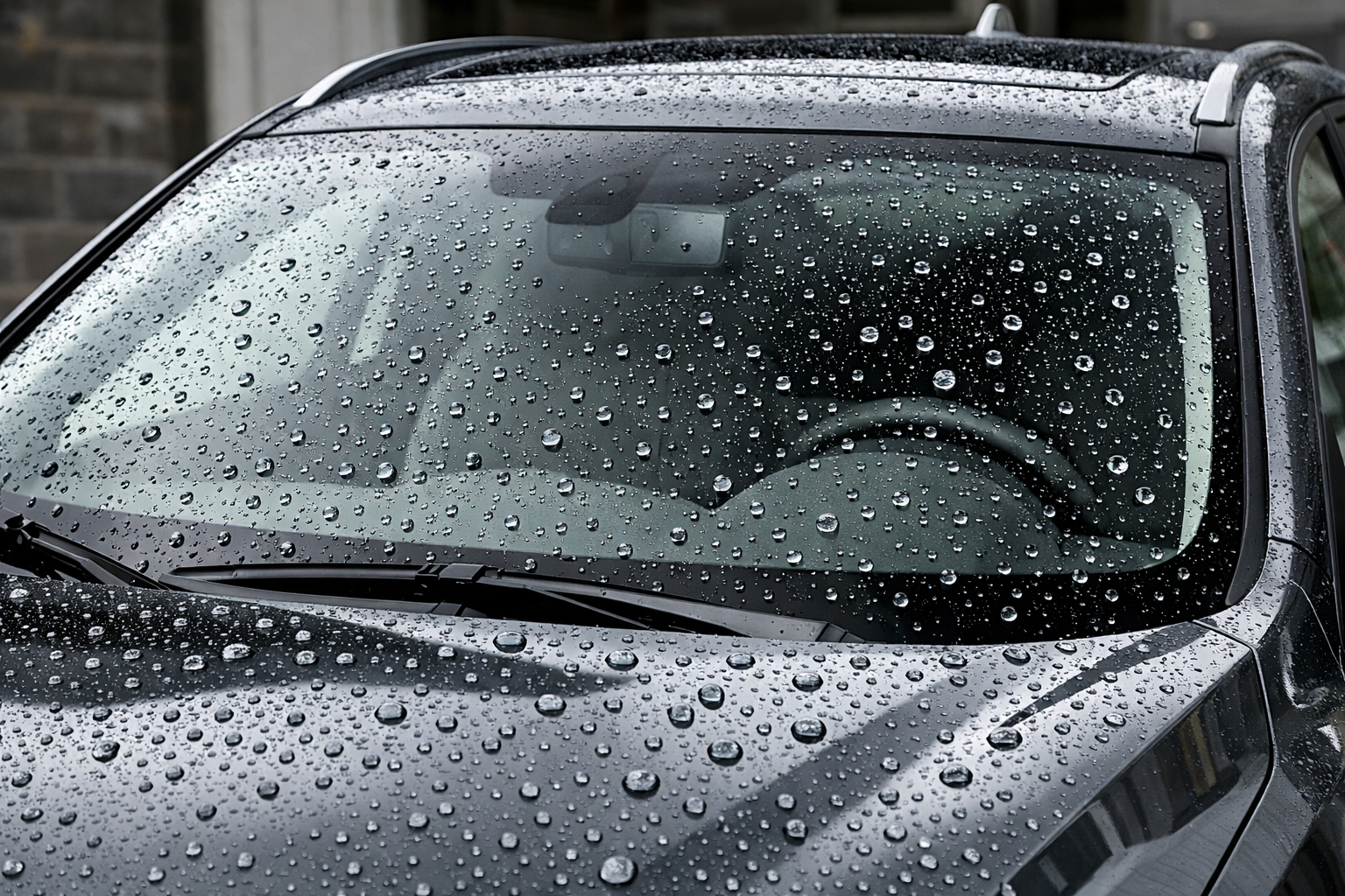 Rain-covered black car windshield and hood with water droplets, viewed from the front.