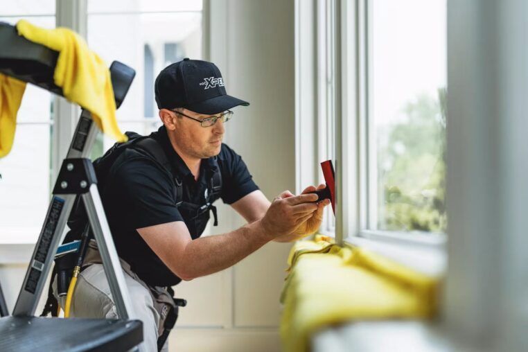 Technician in black shirt and cap measuring a window frame with a red tool on a ladder indoors