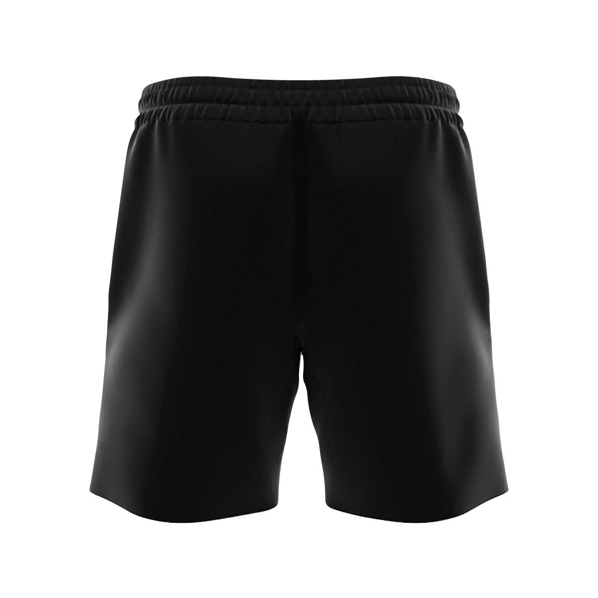 The back of a pair of black shorts on a white background.
