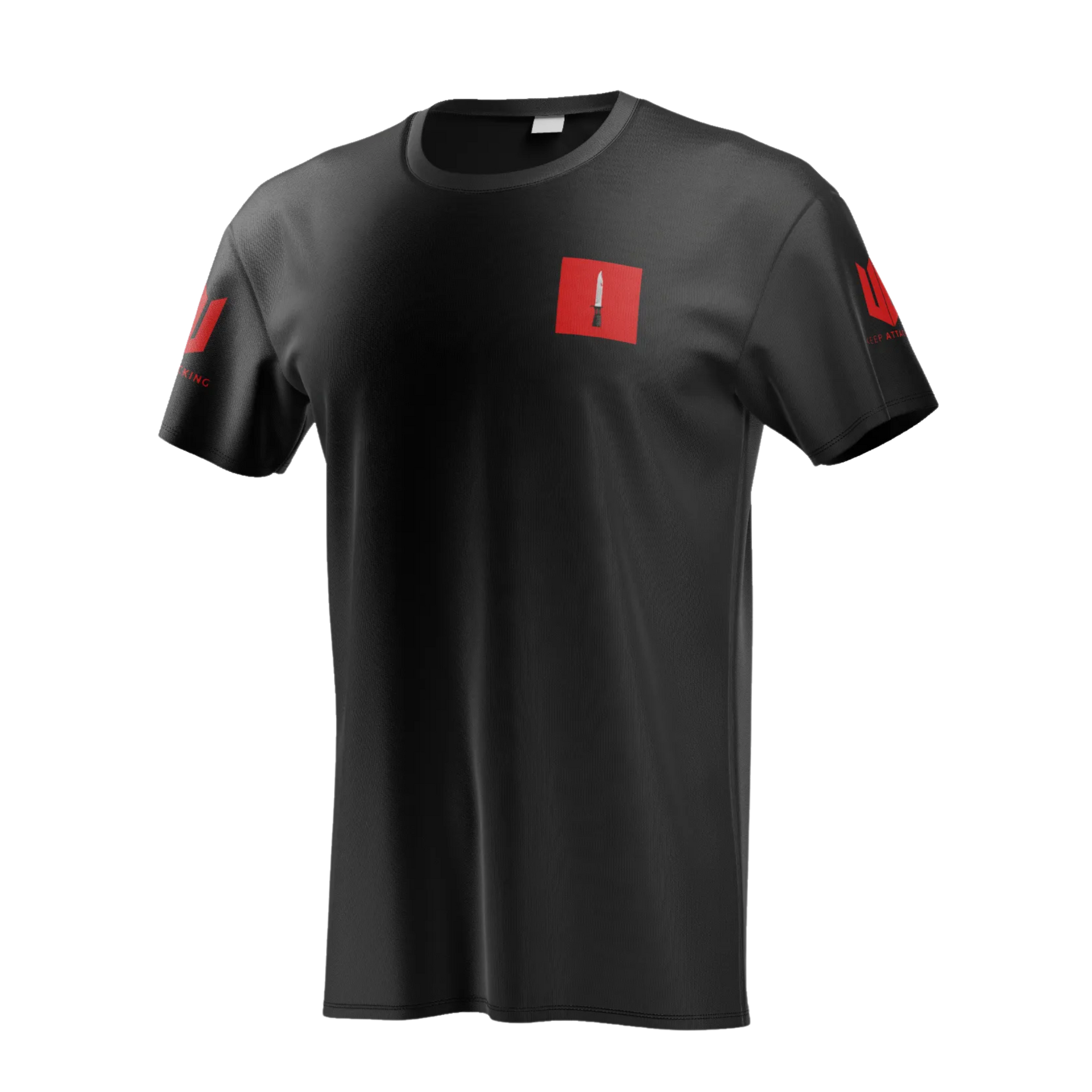 A black t-shirt with a red square on the front