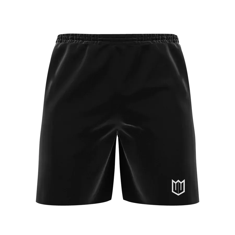 A pair of black shorts with a white logo on the side