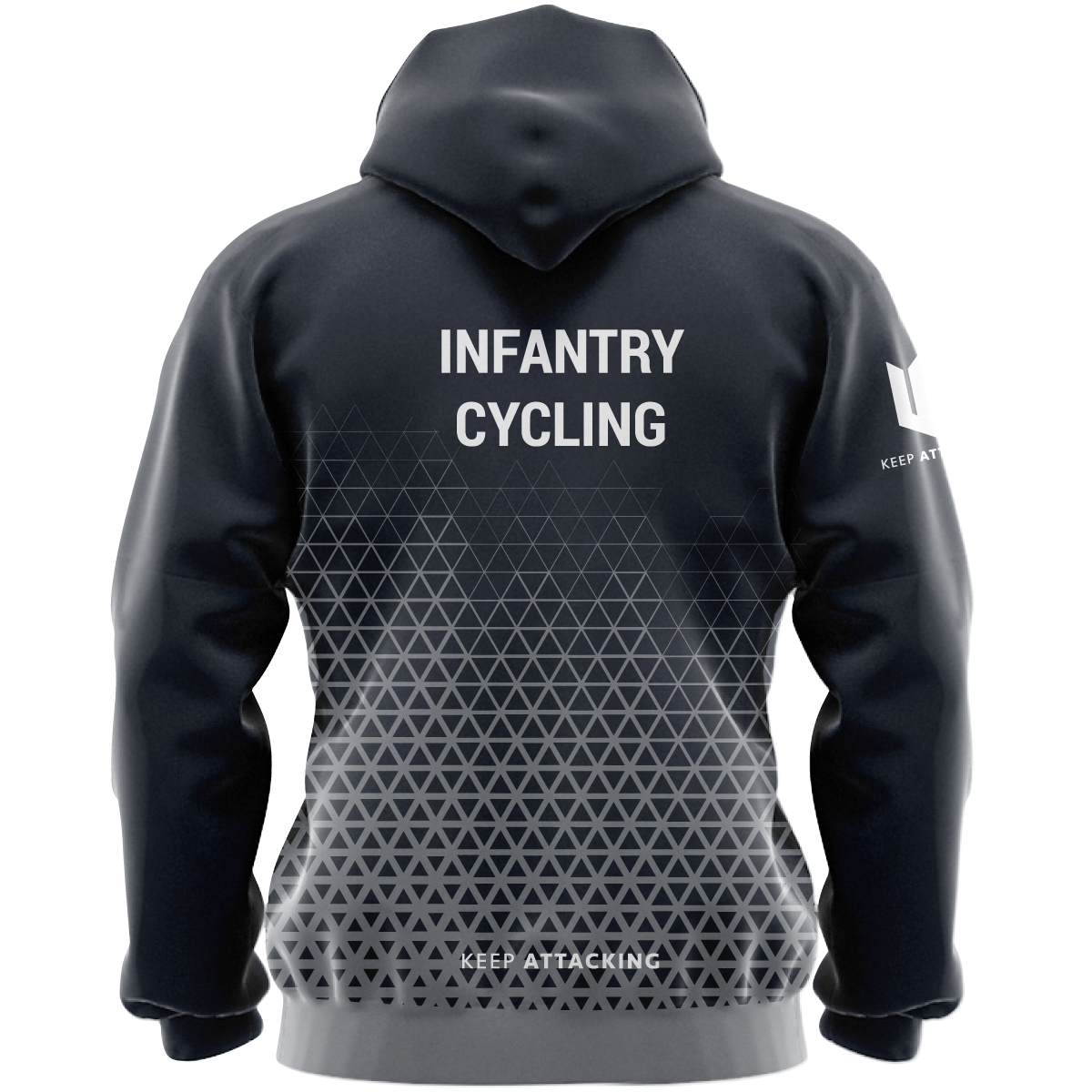 A black hoodie with a red i on the front