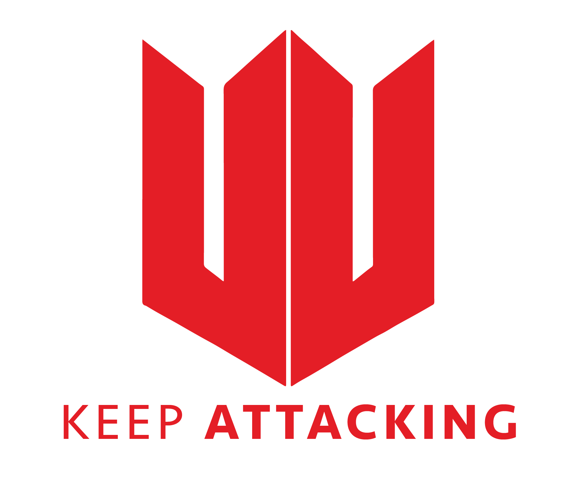 A red logo with the words `` keep attacking '' on it