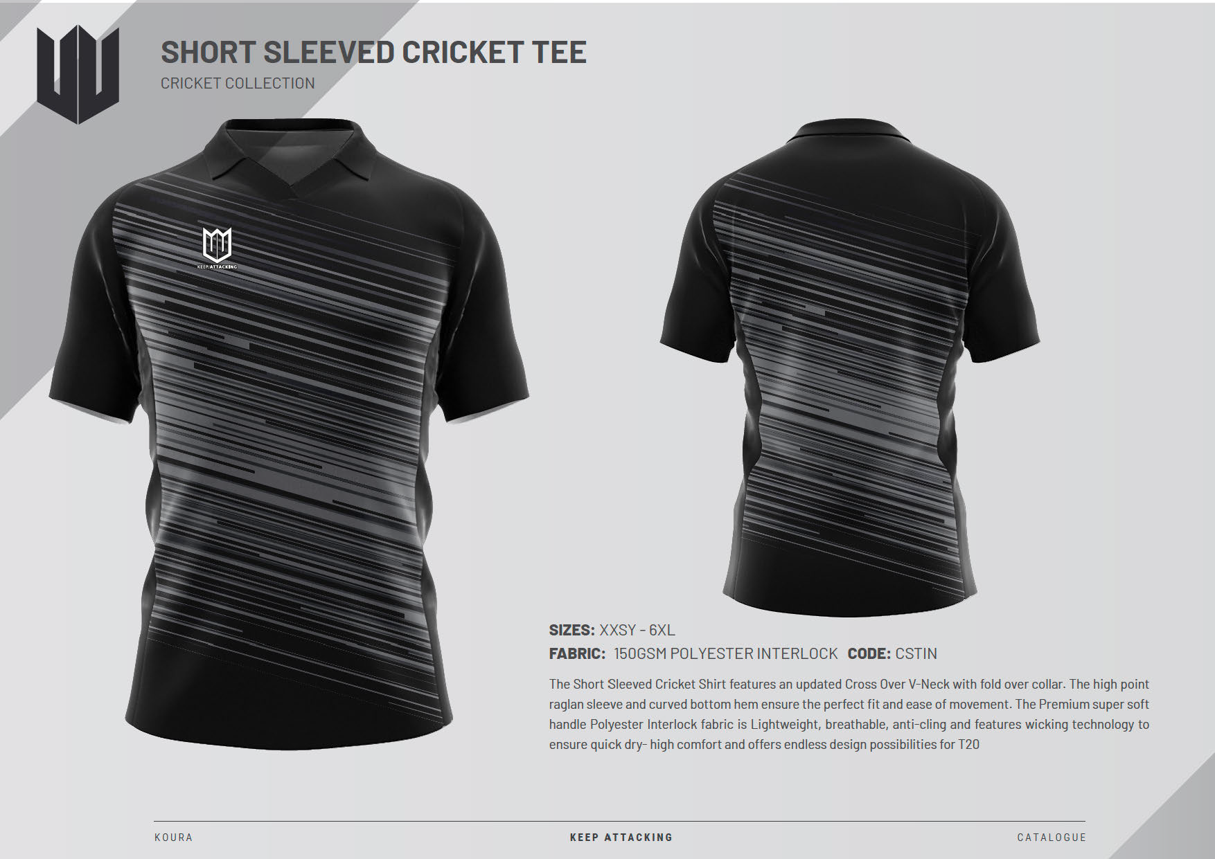 A black short sleeved cricket shirt with a pattern on it