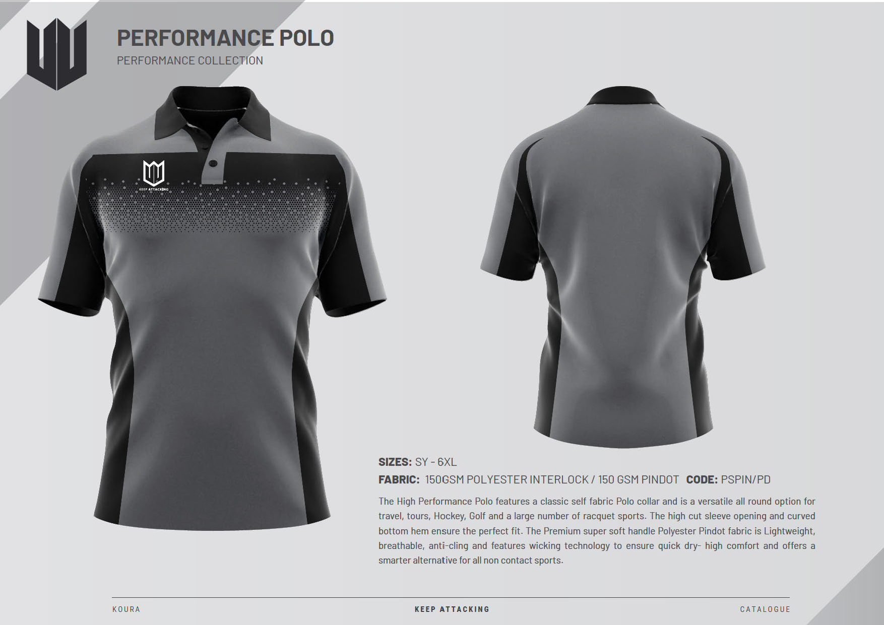 The front and back of a gray and black polo shirt.