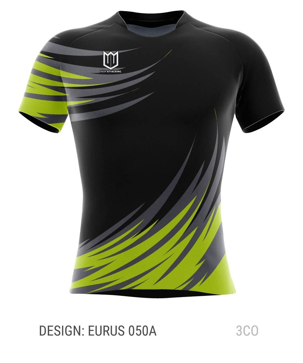 A black t-shirt with a green and gray design on it