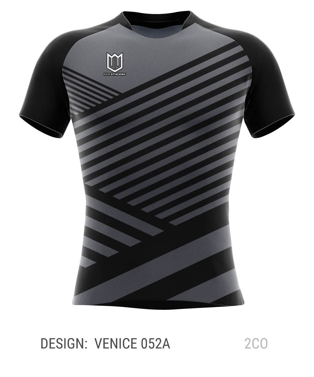A black and gray striped t-shirt with the design venice 052a