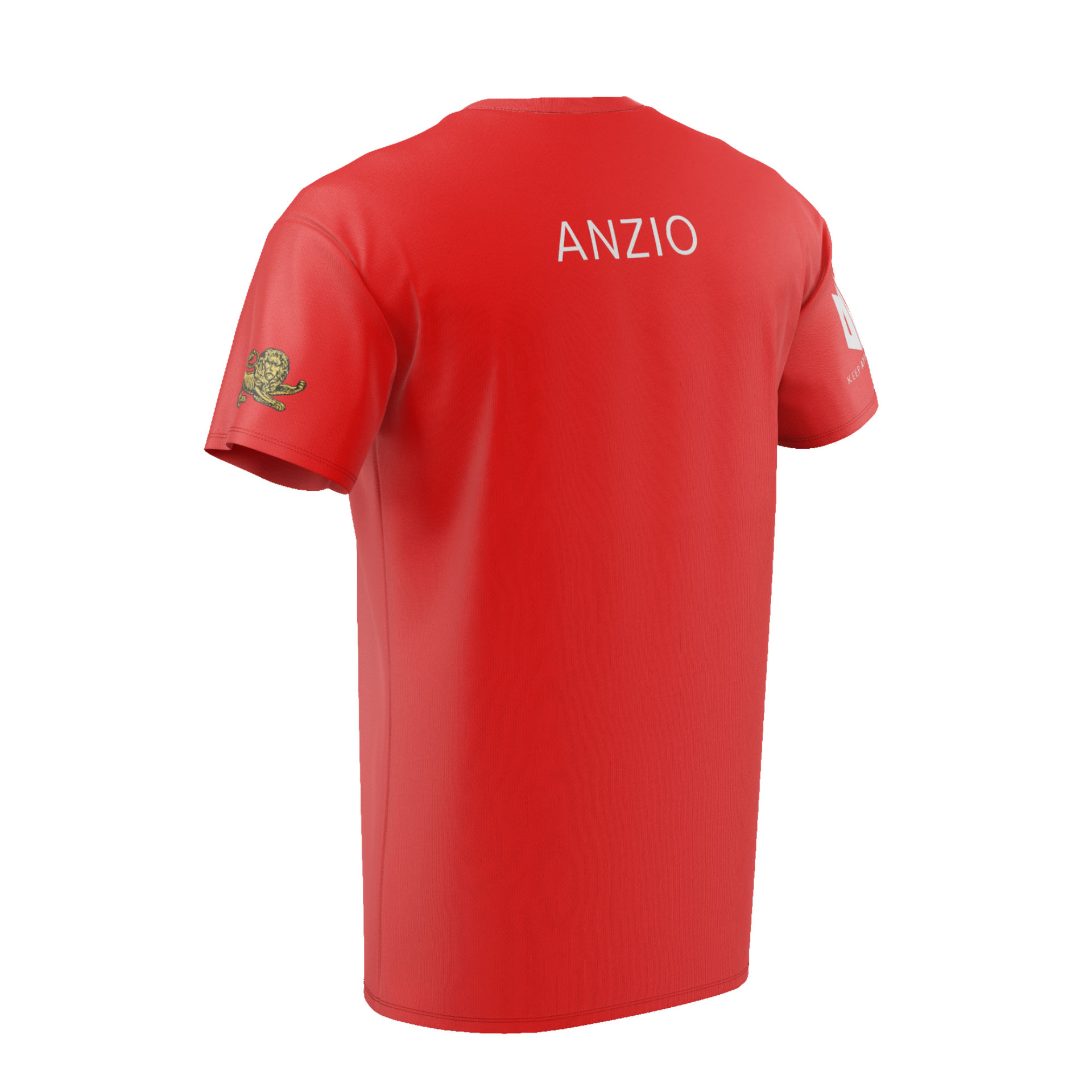 A red t-shirt with the name anzio on the back