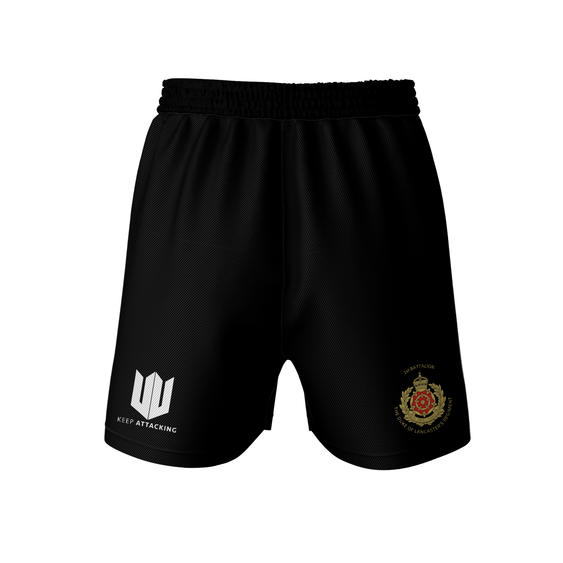 A pair of black shorts with a logo on the side