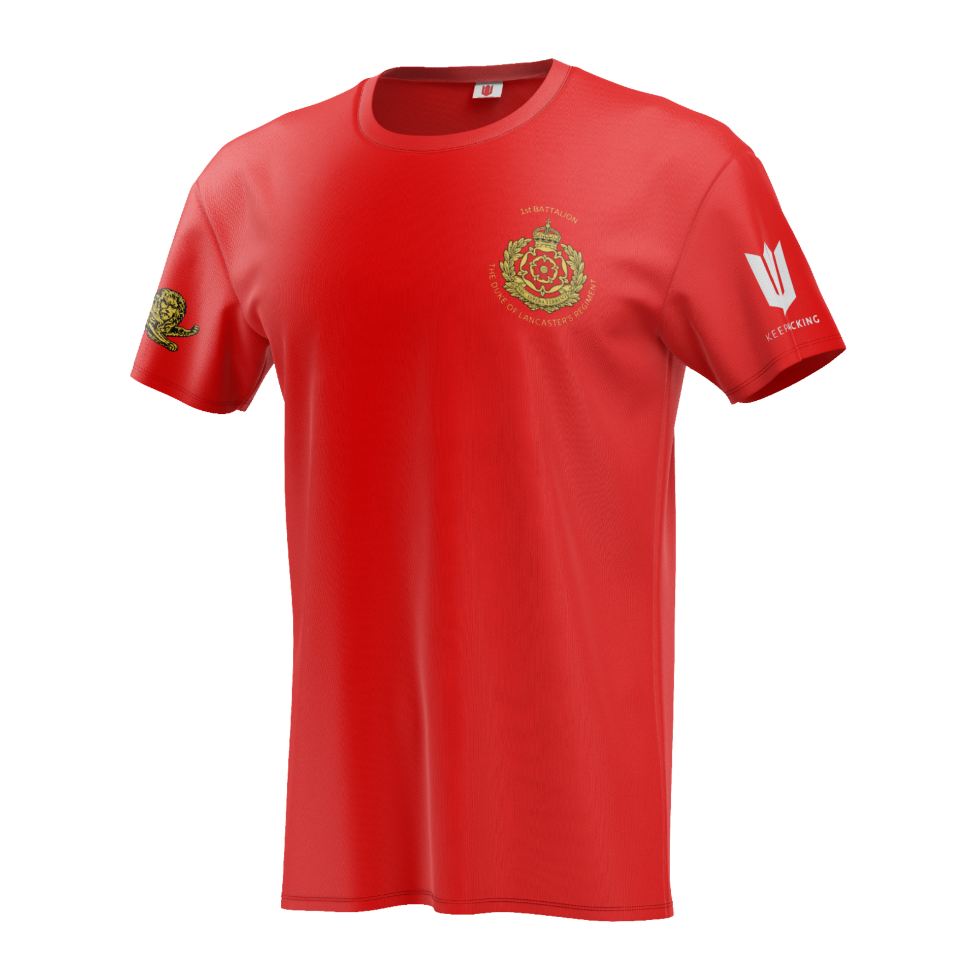 A red t-shirt with a logo on the front