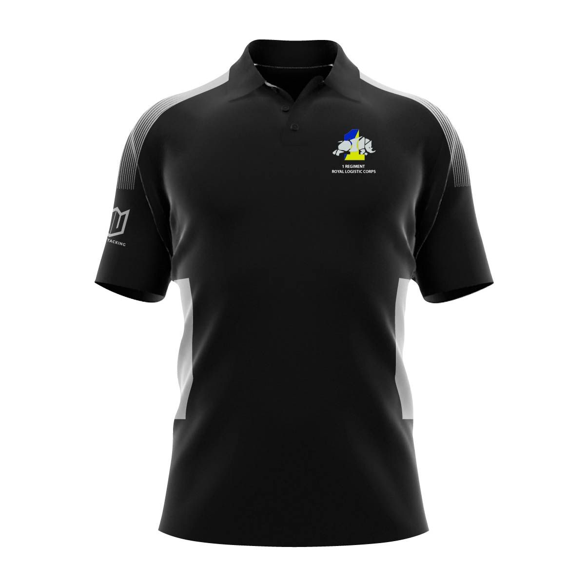 A black polo shirt with a yellow and blue horse on the front.