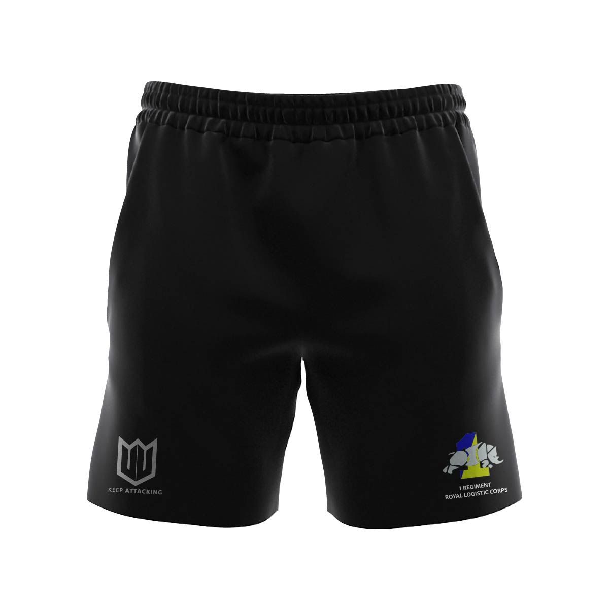 A pair of black shorts with a logo on the side on a white background.