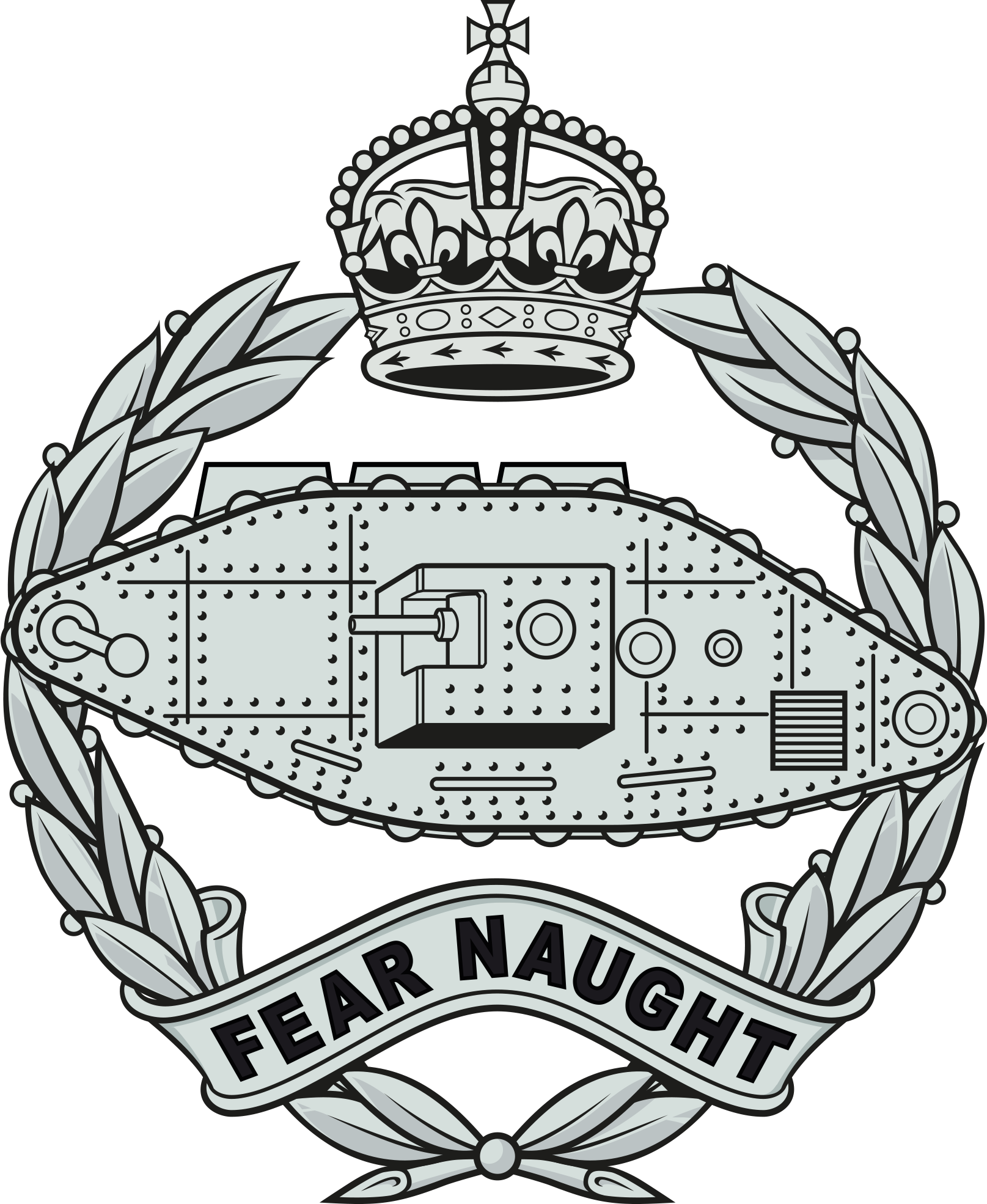 A black and white emblem with a crown and the words fear naught