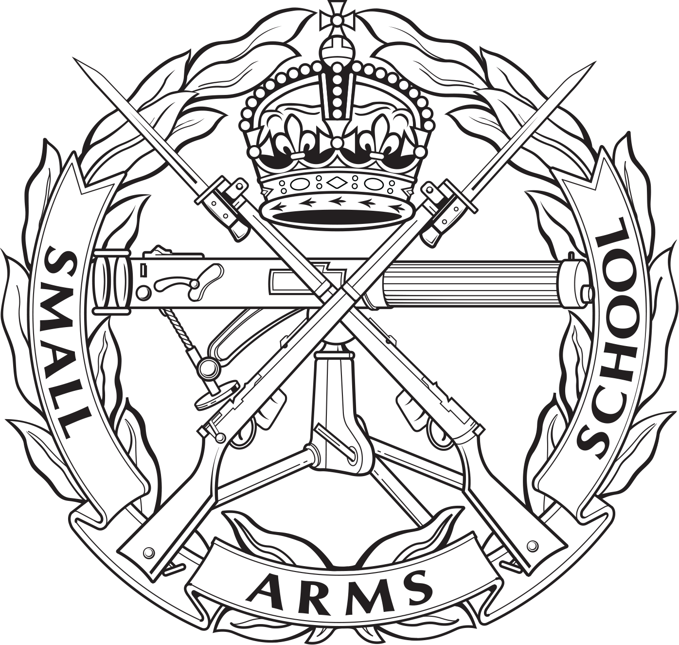 A black and white drawing of a small school of arms logo.