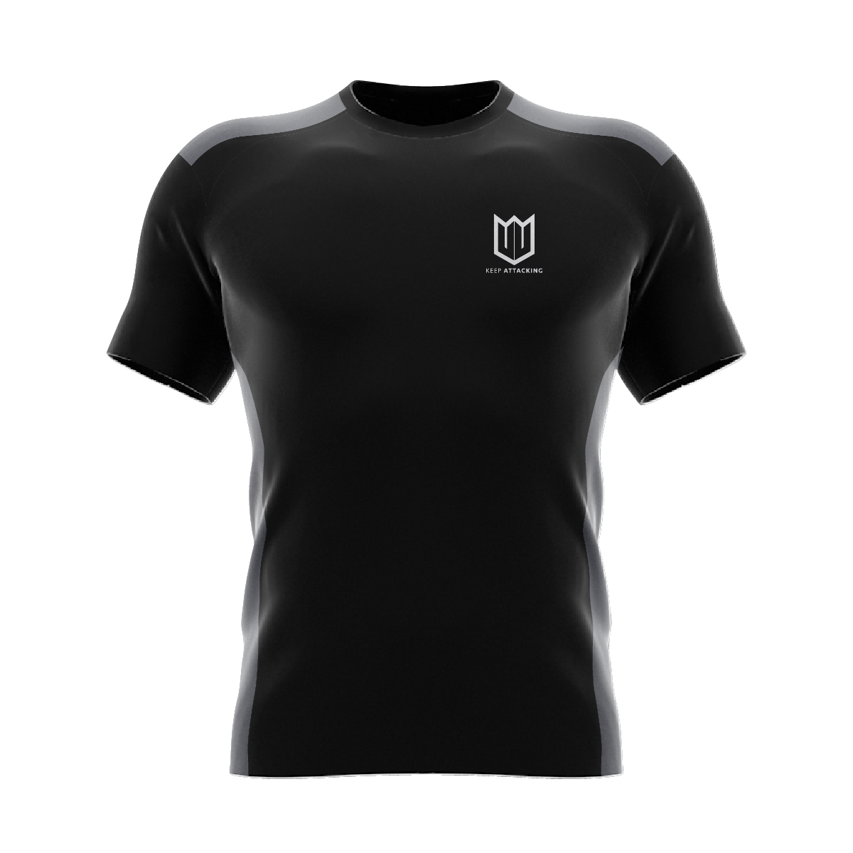 A black t-shirt with a logo on the front on a white background.