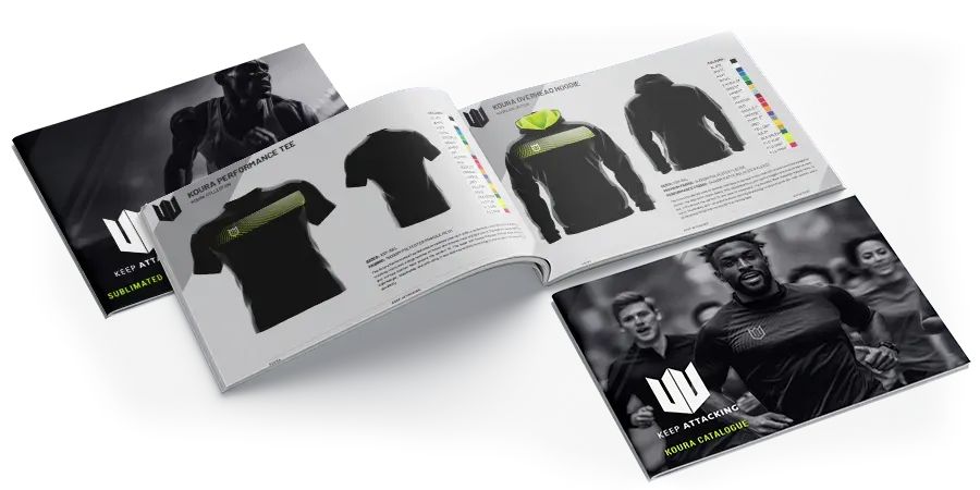 A brochure is open to a page with a picture of a man wearing a black shirt.