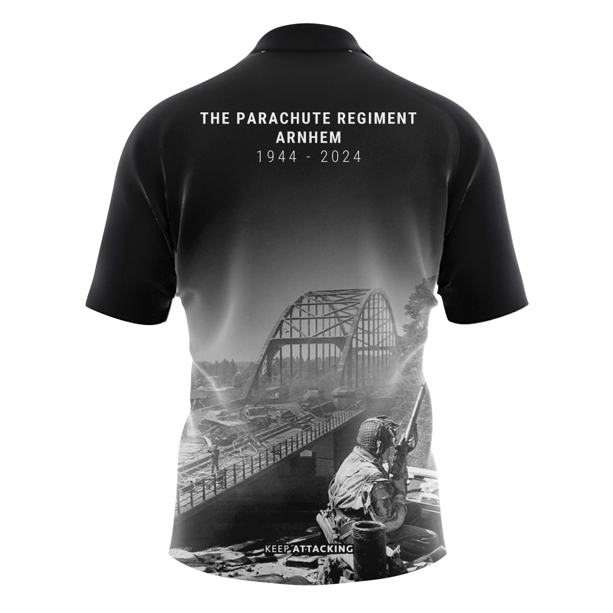 The back of a black t-shirt with a picture of a bridge on it.