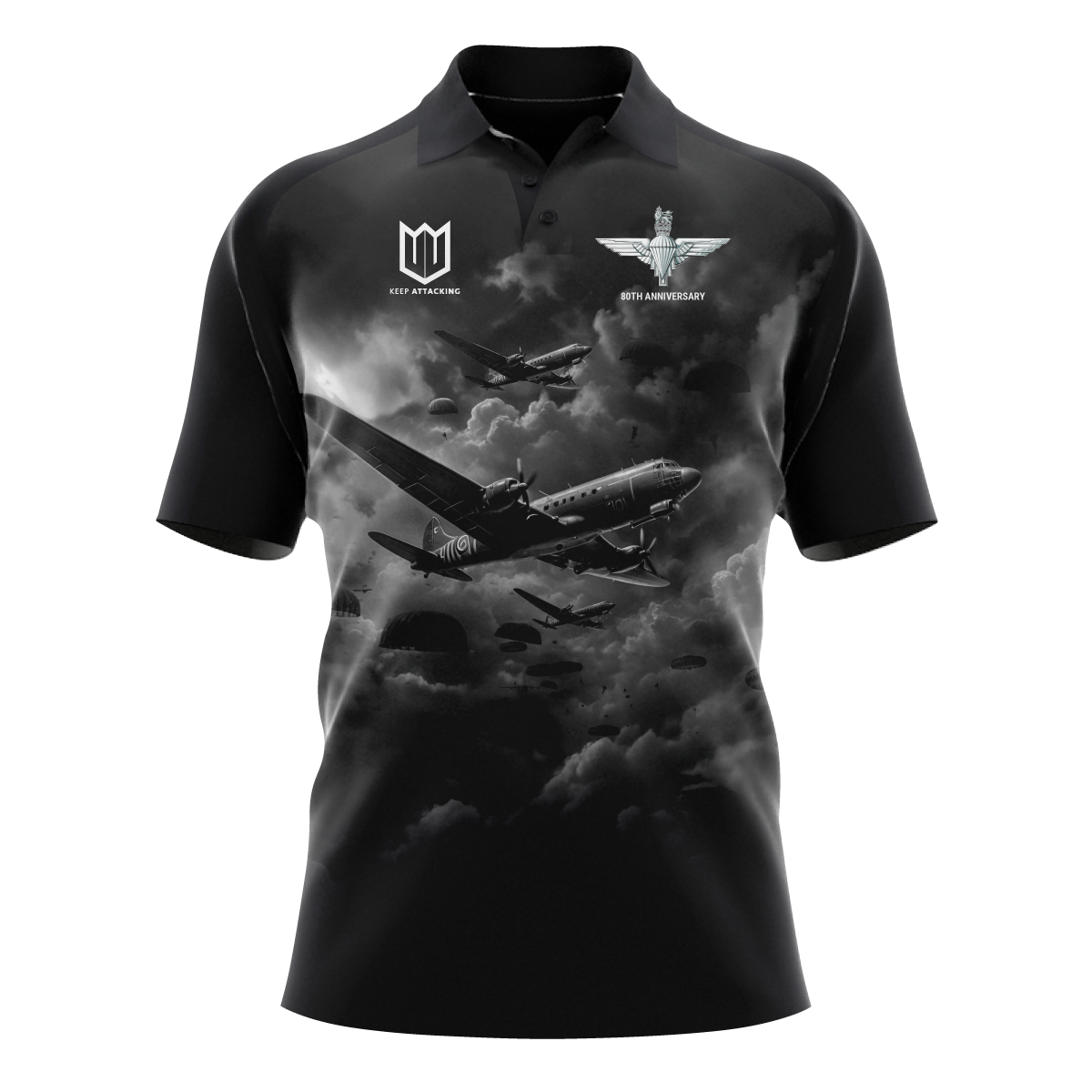 A black polo shirt with a picture of planes flying in the sky.