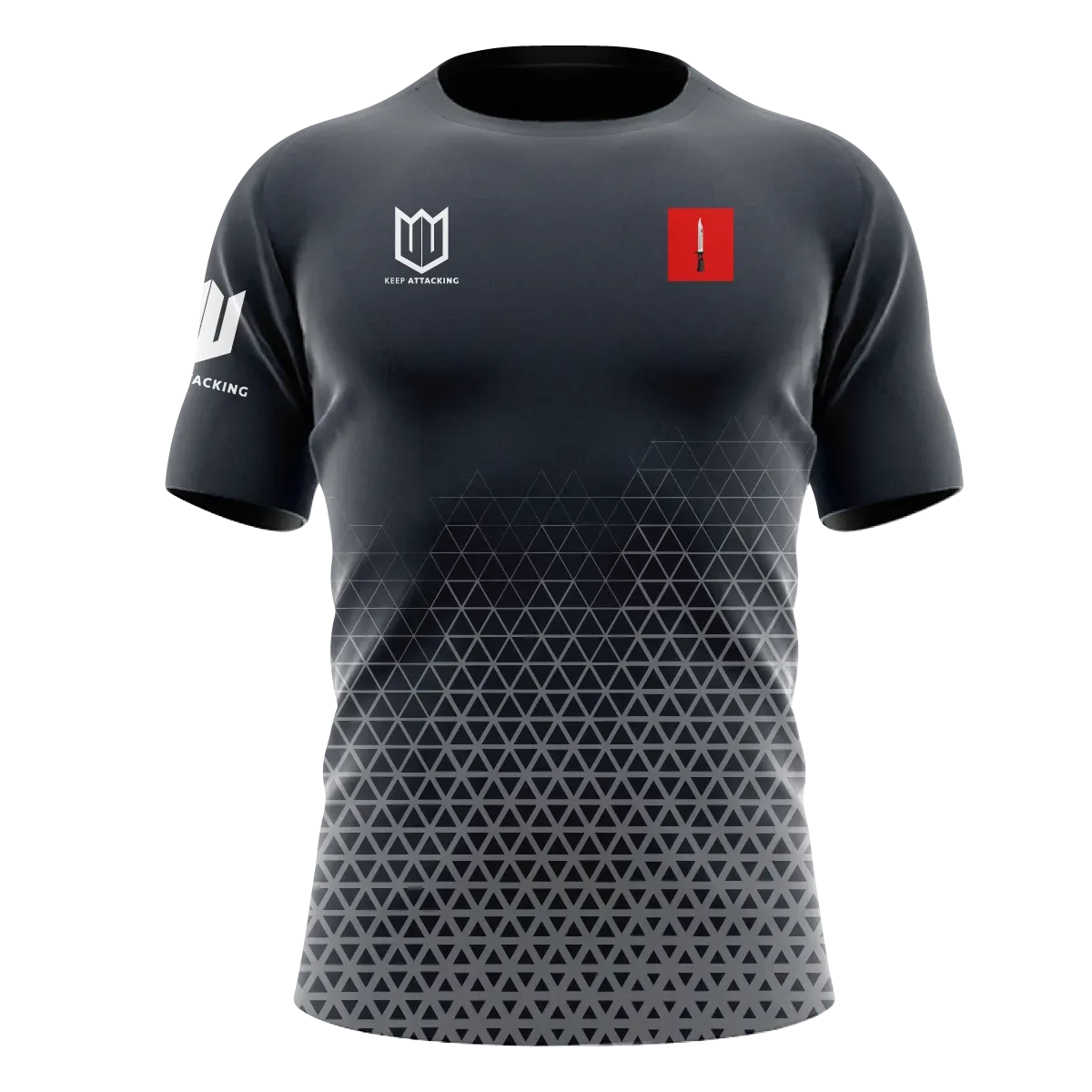 A black t-shirt with a red square on the front.