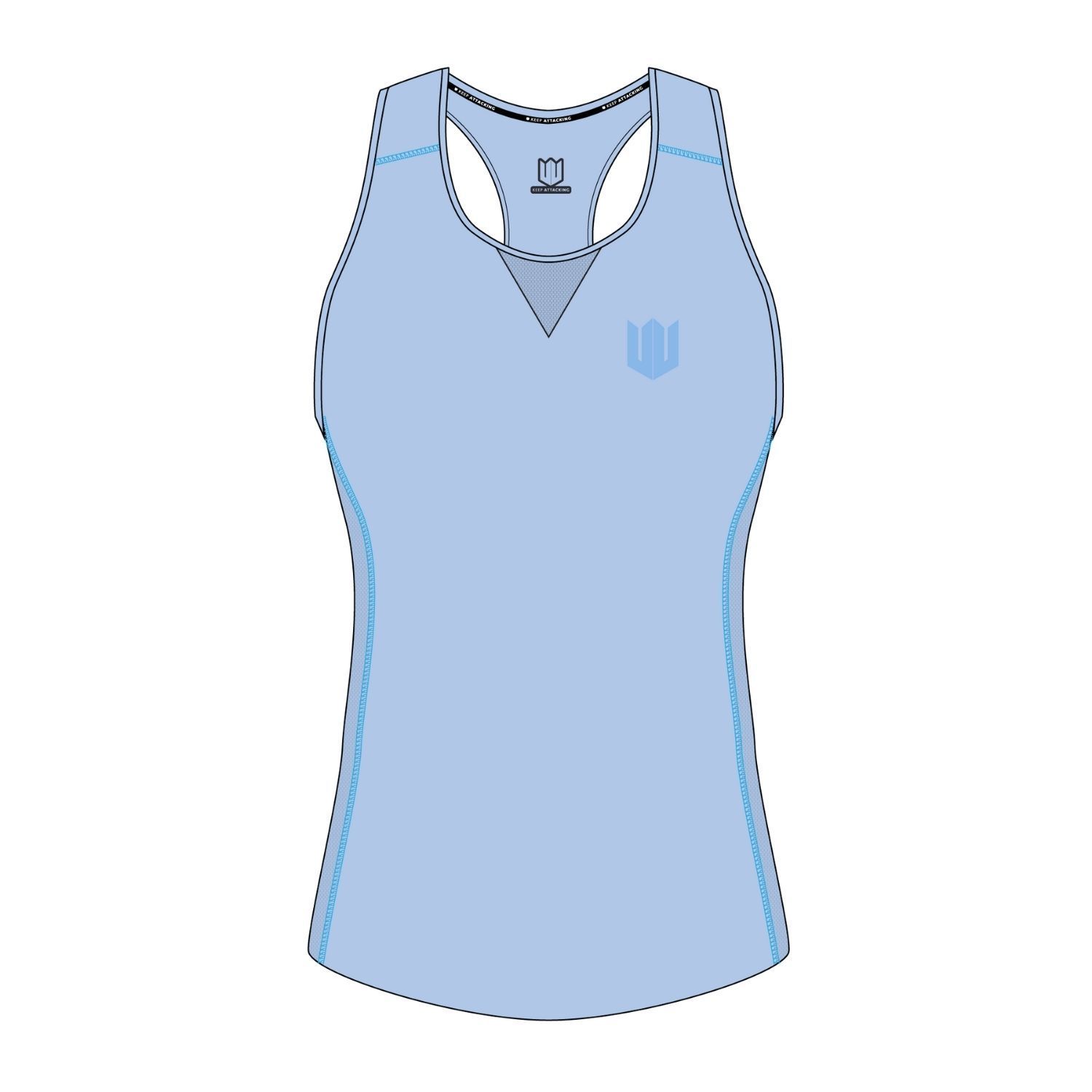 A light blue tank top with a v-neck and a logo on the front