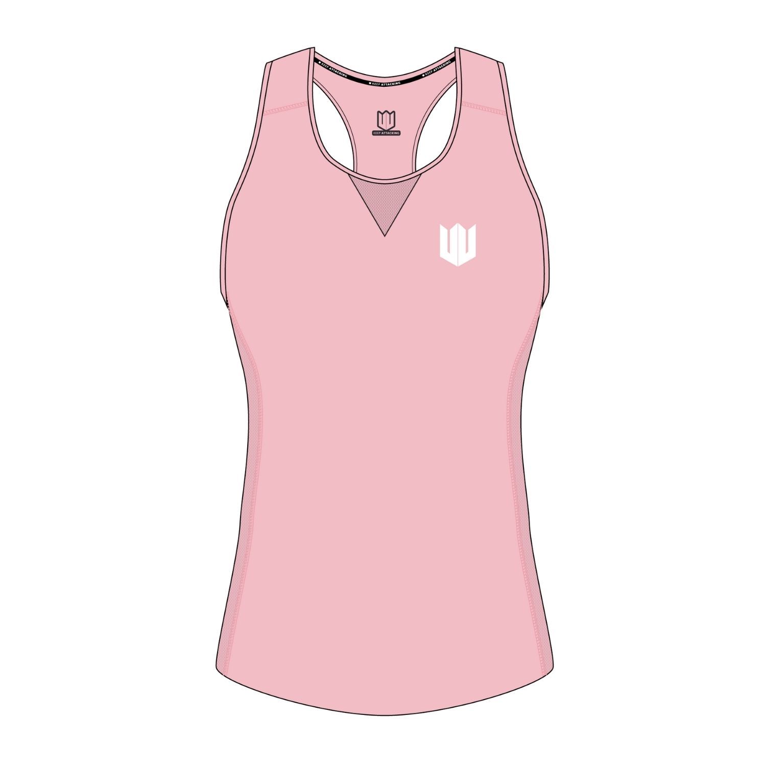 A pink tank top with a white logo on the front