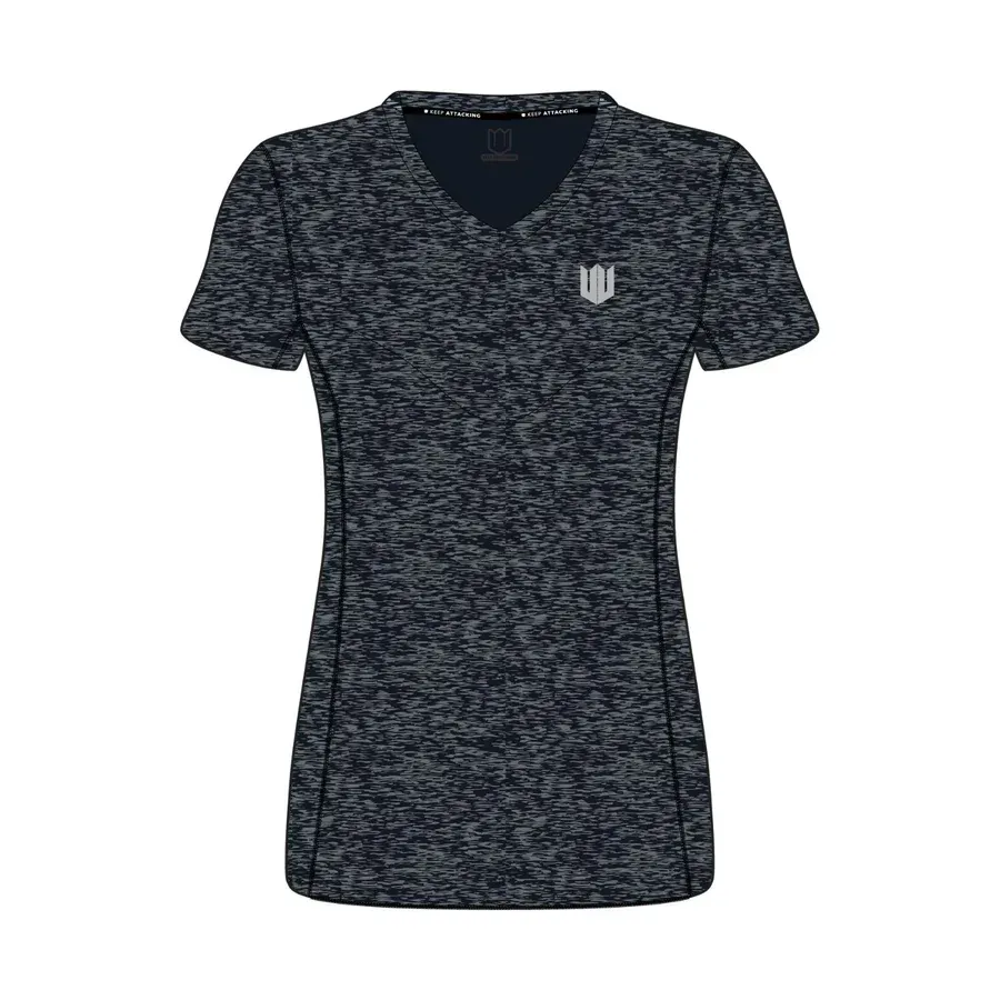 A black t-shirt with a v-neck and short sleeves