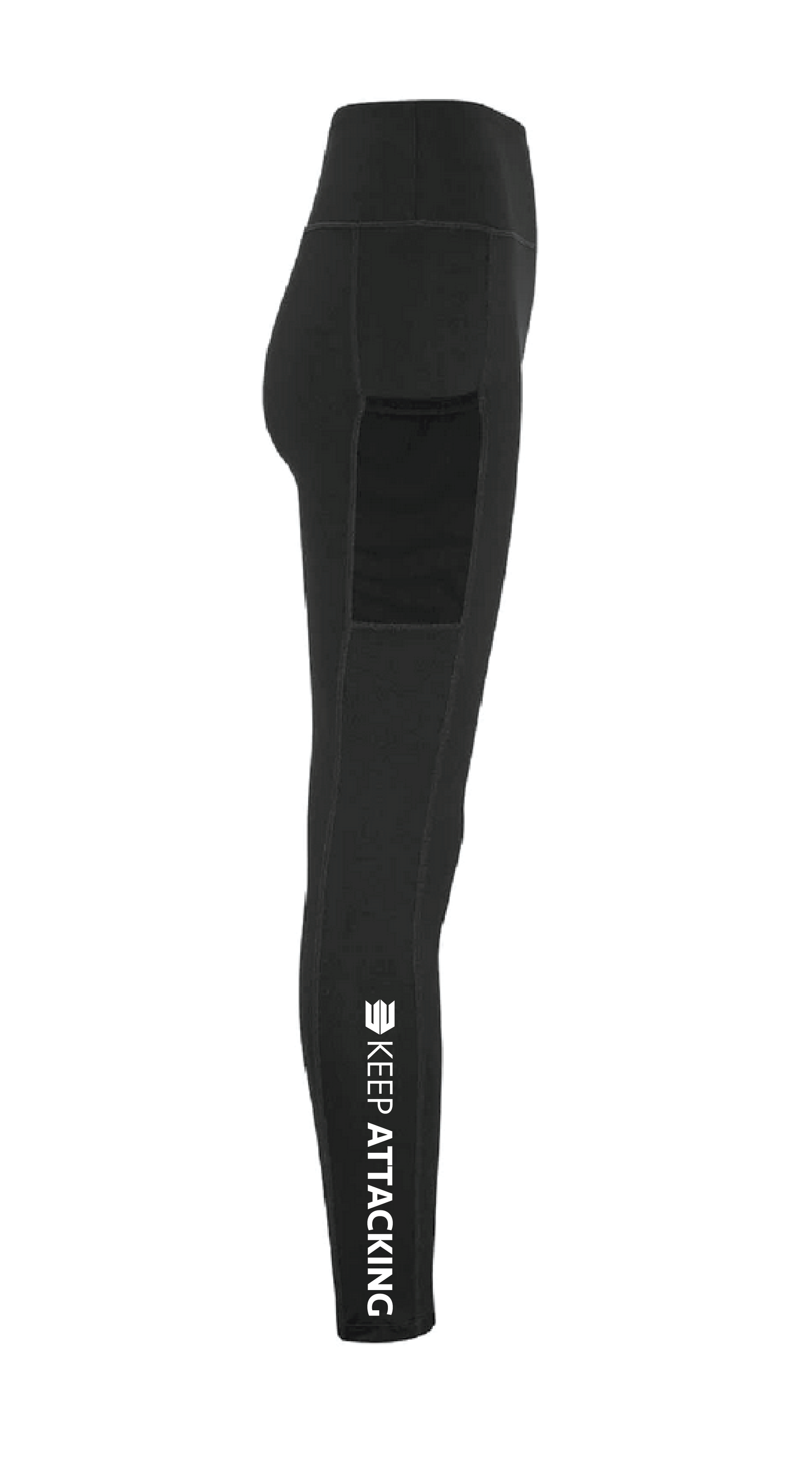 A pair of black leggings with a pocket on the side.