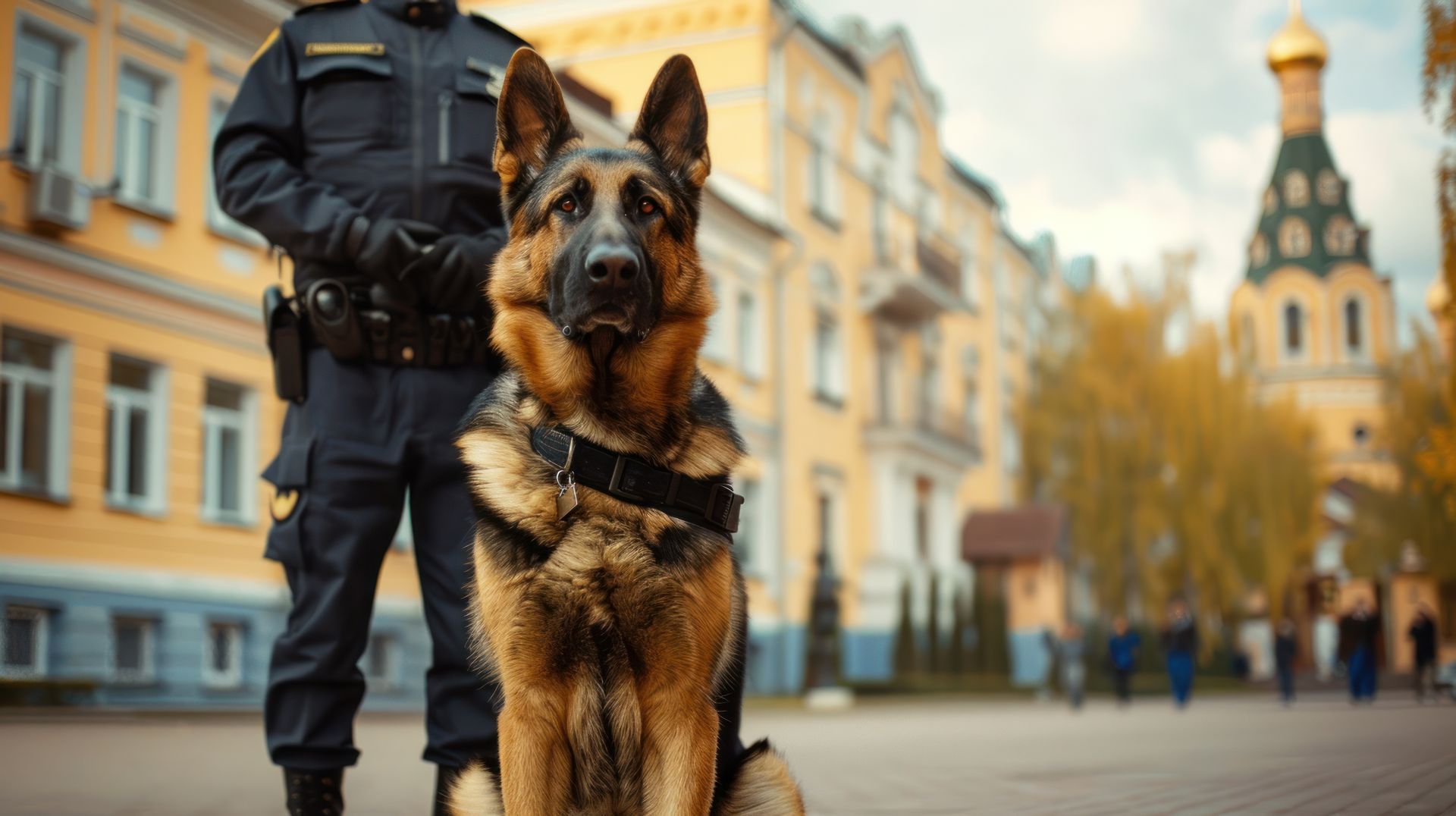 A police officer is standing next to a german shepherd dog.