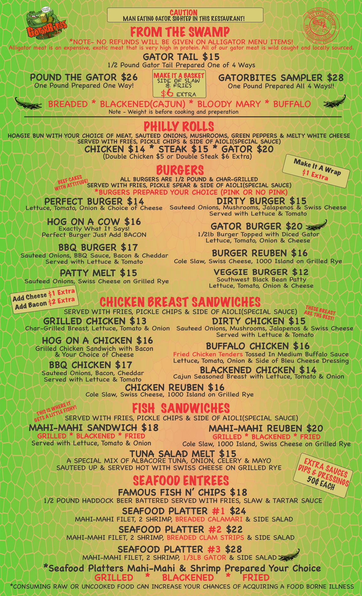Menu board, green background, various food options and prices.