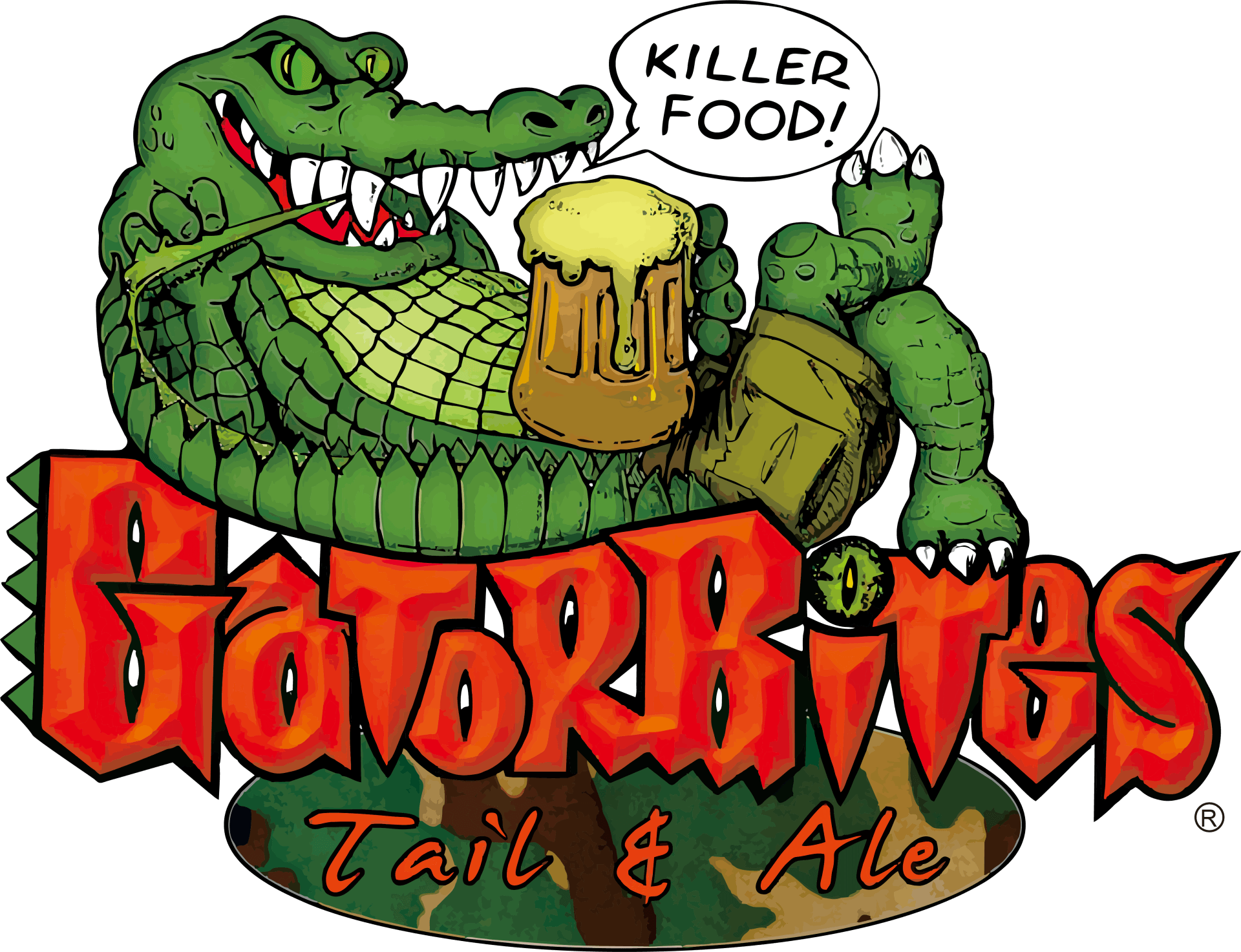 GatorBites logo: Animated alligator drinking beer, says