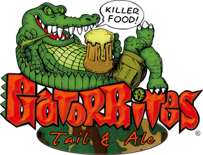 GatorBites logo: Animated alligator drinking beer, says 