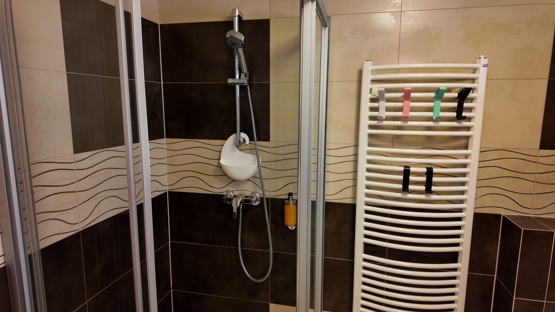 Sprchový kút so sklenenými dverami, ručnou sprchovou hlavicou a bielym vešiakom na uteráky so zloženými uterákmi