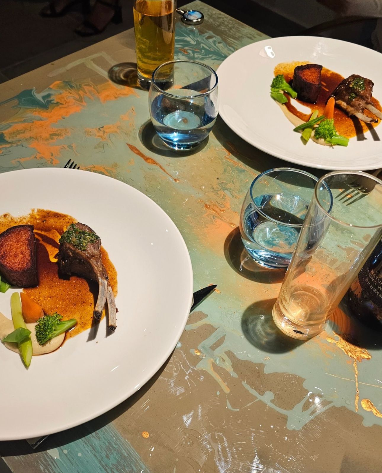 Two plates of food on a table with glasses of water